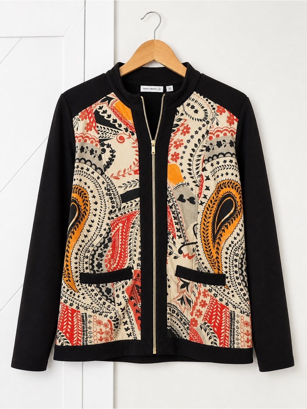 Susan Graver Paisley Zip Front Jacket Black Multi Size M